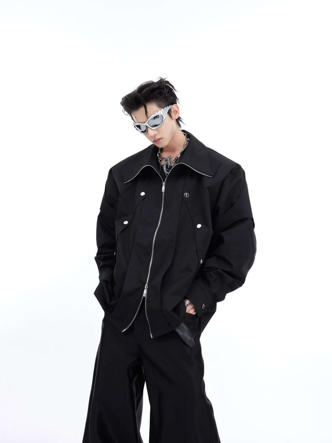 Men's Double-layer Oversized Black Techwear Jacket - Image 9