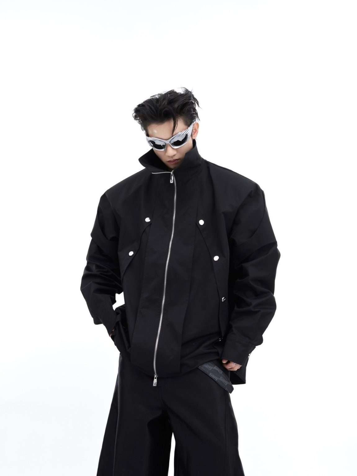 Men's Double-layer Oversized Black Techwear Jacket - Image 10