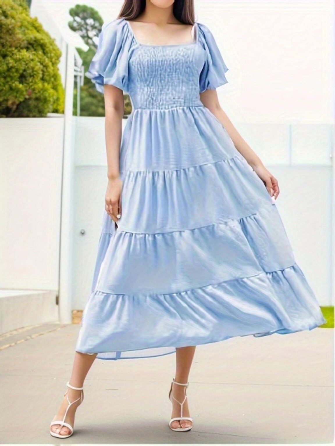 Solid Color Square Collar Short Sleeve A- Line Midi Dress - Image 4