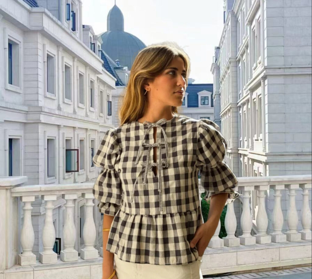 Women's Fashion Casual Plaid Hollow Out Tied Puff Sleeve Shirt - Image 6