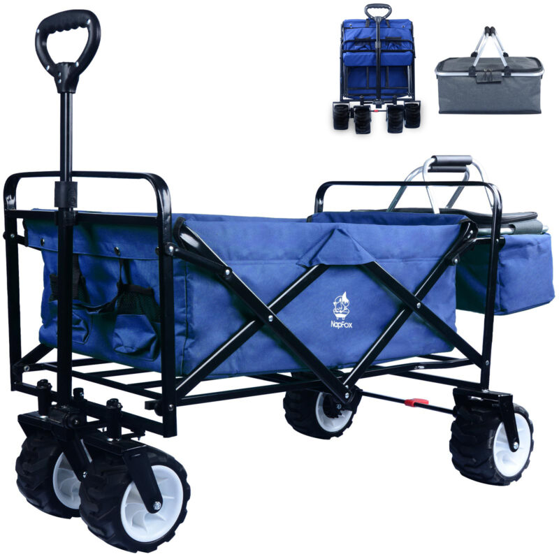 Collapsible Wagon,Wagons Carts Foldable Grocery Cart On Wheels Beach Wagon Foldable Cart With Wheels, Cooler Bag, Cup Holders,Cargo Net,Shopping, Garden,SportsBlue