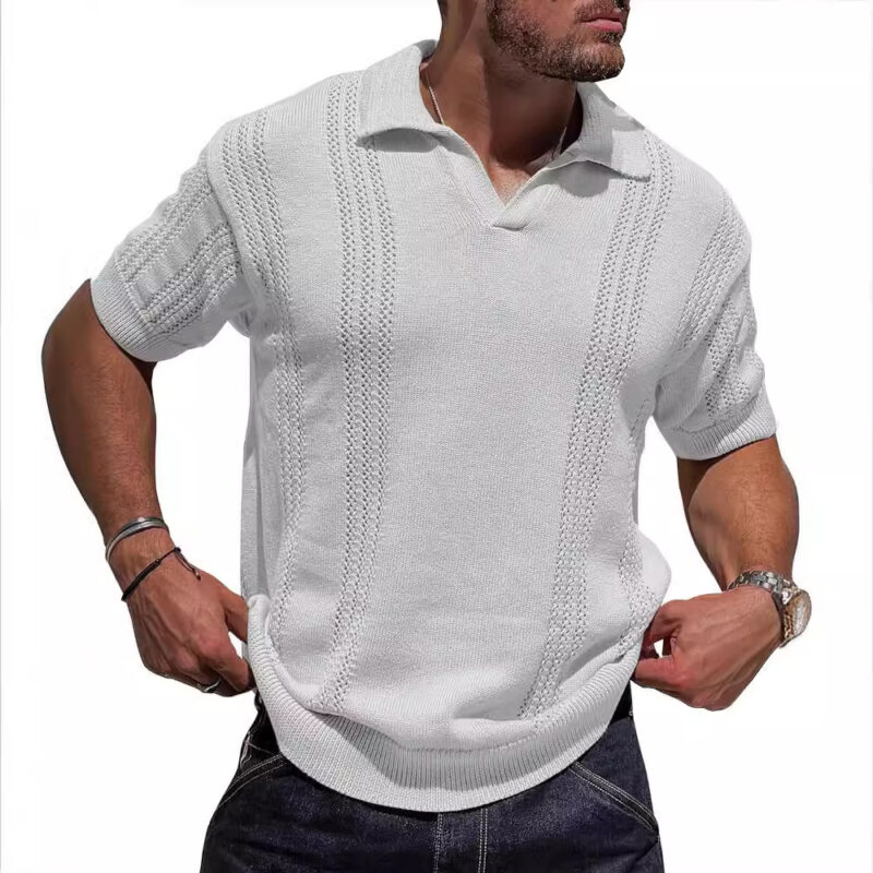 V-Neck Hollow Knit Polo Shirt - Image 2