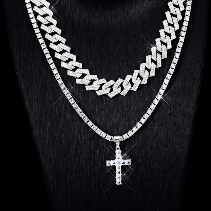 Zircon Cross Pendant Necklace Hip Hop Full Miami Curb Cuban Chain Iced Out Paved Rhinestones Bling Rapper Necklaces For Men Men's And Women's Clavicle Chain Jewelry - Image 4