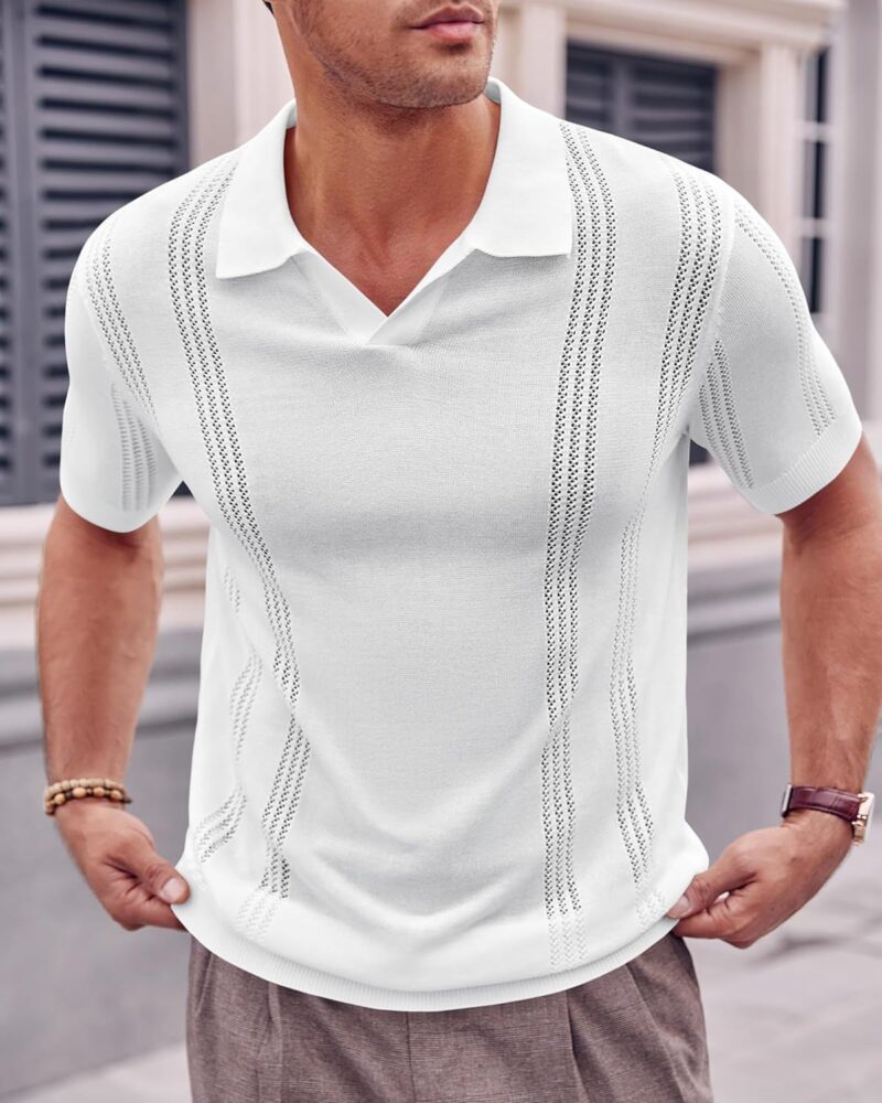 V-Neck Hollow Knit Polo Shirt - Image 9