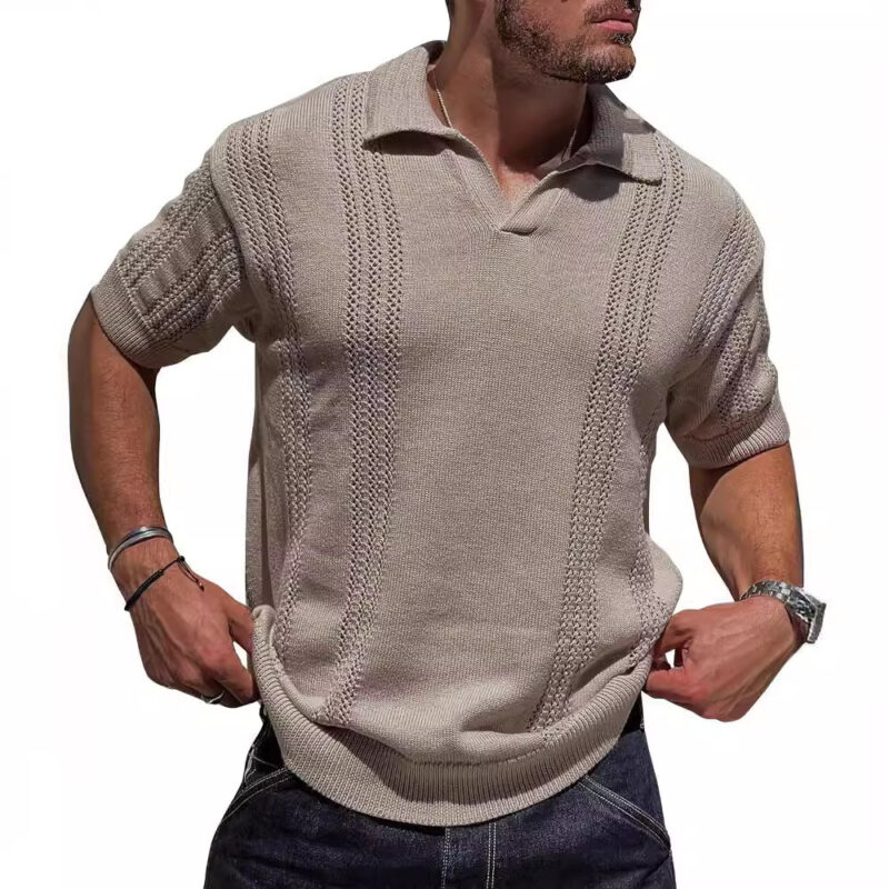 V-Neck Hollow Knit Polo Shirt - Image 6