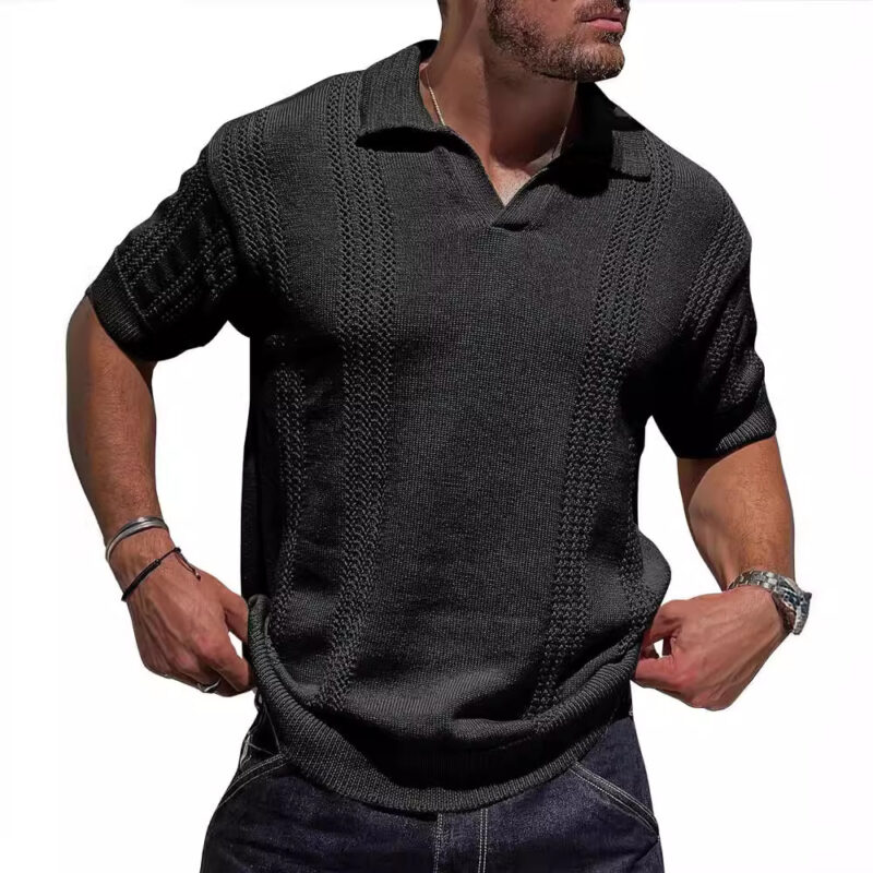 V-Neck Hollow Knit Polo Shirt - Image 4