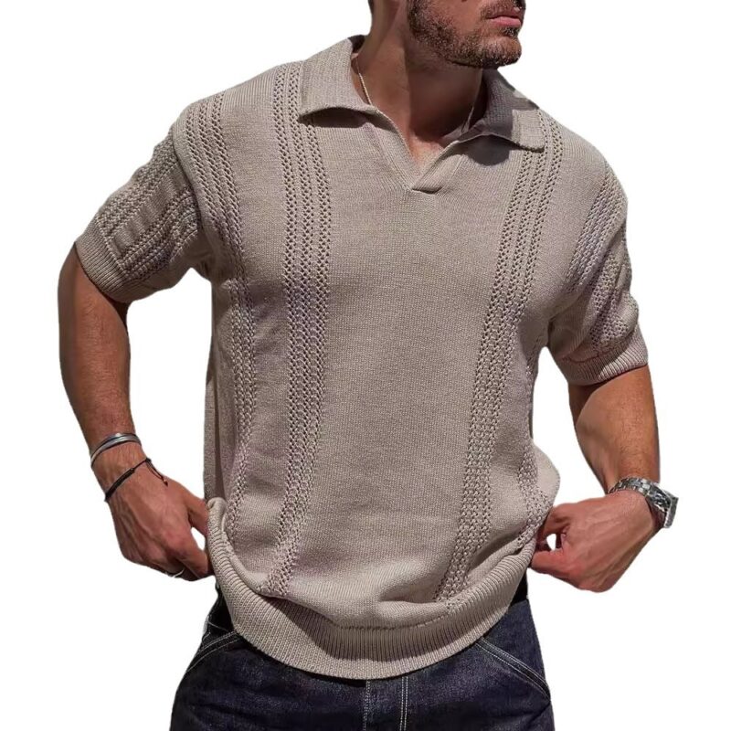 V-Neck Hollow Knit Polo Shirt - Image 5