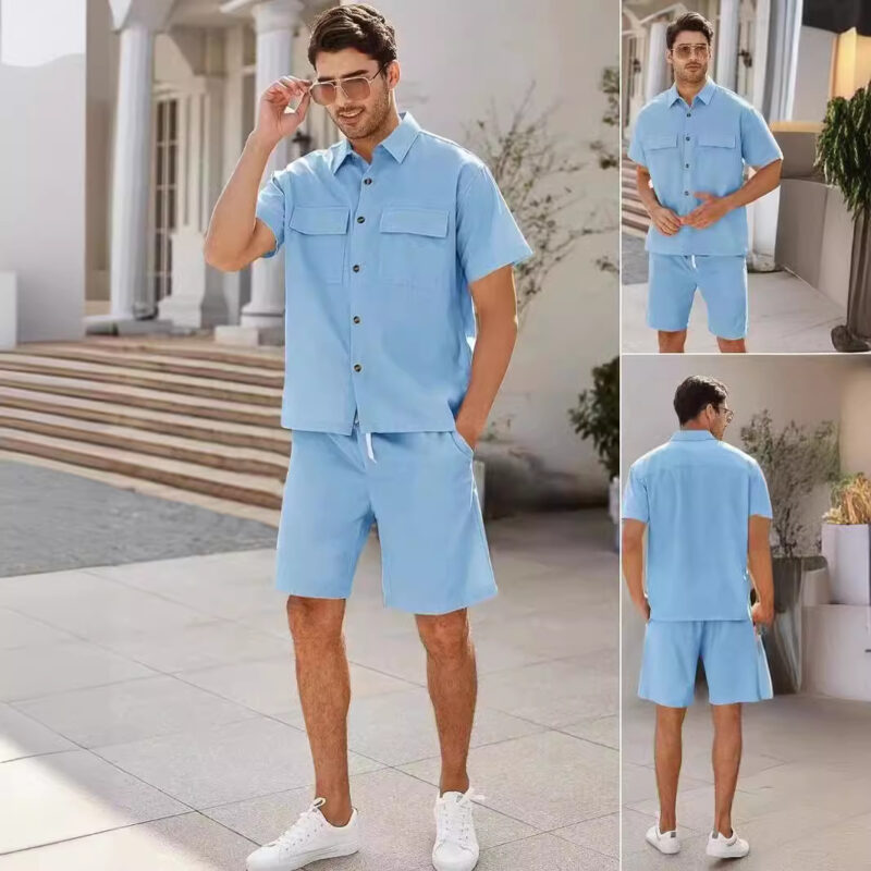 Men's Summer Lapel Shirt and Shorts Set - Image 2