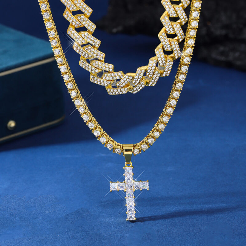 Zircon Cross Pendant Necklace Hip Hop Full Miami Curb Cuban Chain Iced Out Paved Rhinestones Bling Rapper Necklaces For Men Men's And Women's Clavicle Chain Jewelry - Image 2