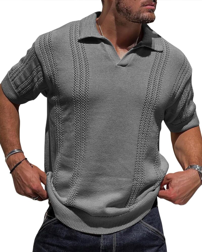 V-Neck Hollow Knit Polo Shirt - Image 10