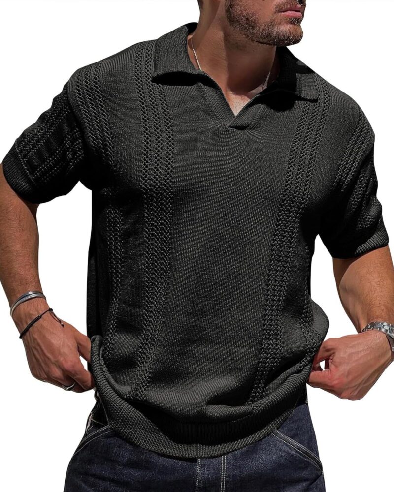 V-Neck Hollow Knit Polo Shirt - Image 7