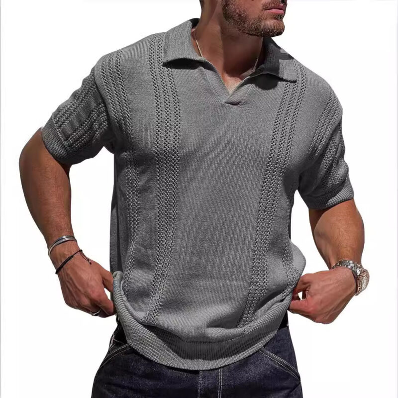 V-Neck Hollow Knit Polo Shirt - Image 3