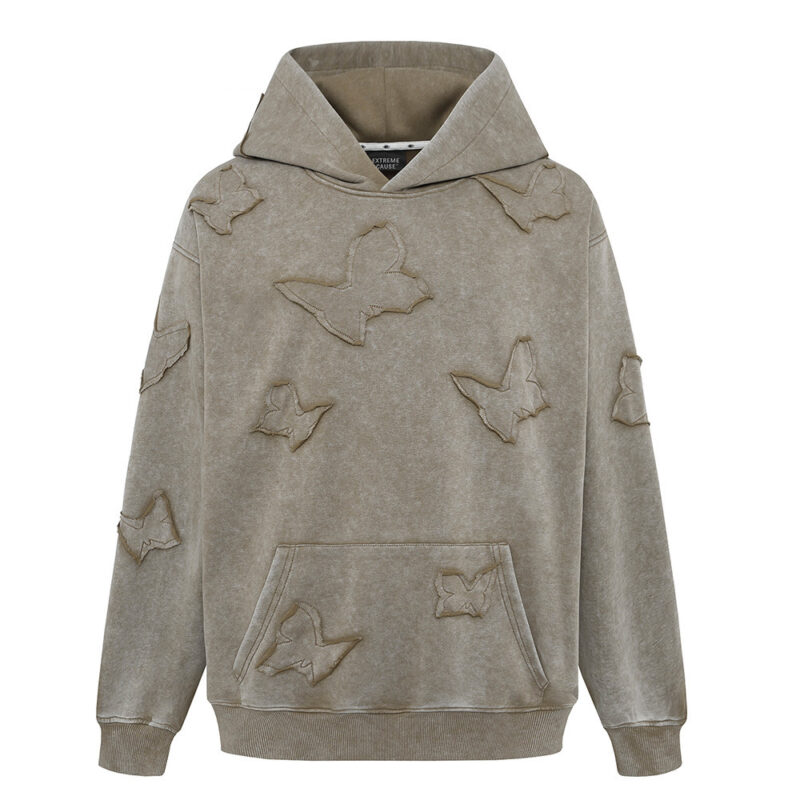 Butterfly Affixed Cloth Embroidered Hooded Sweater Men's Autumn