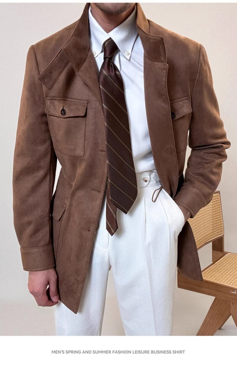 Spring Italian Suede Stand Collar Safari Jacket Jacket - Image 8