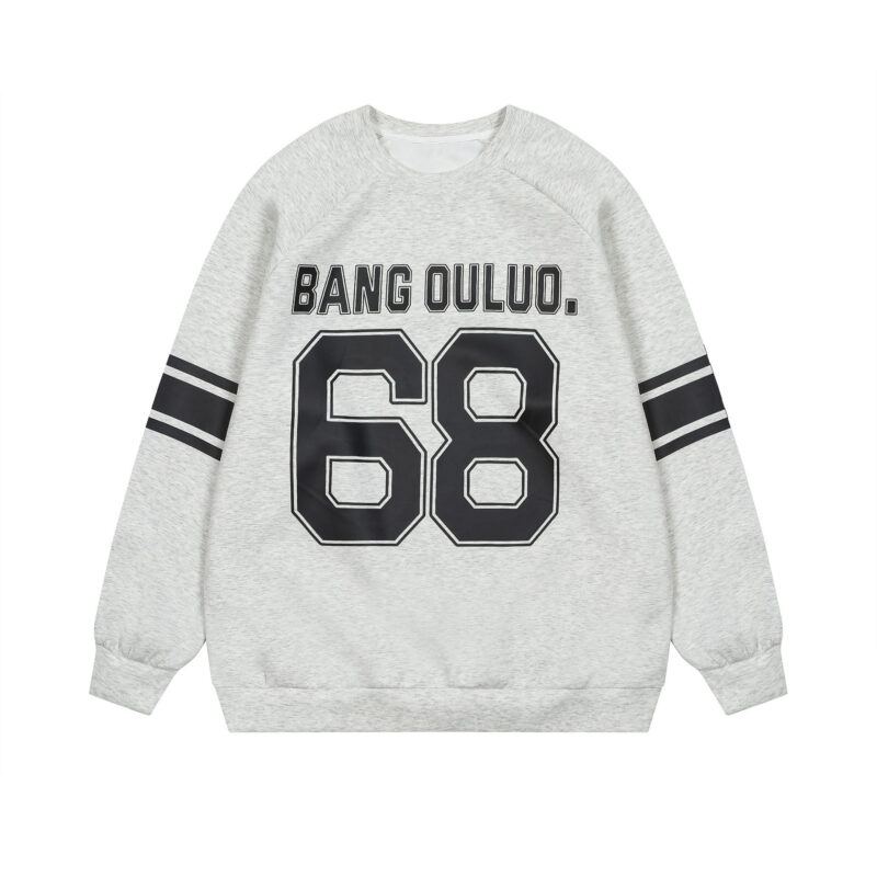 American Retro Contrast Color Number Printed Crew Neck Sweatshirt Men