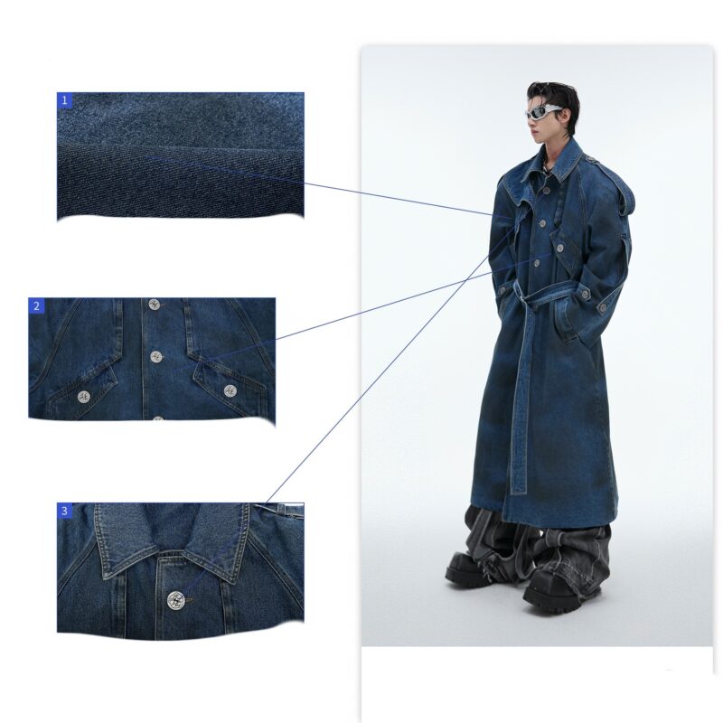 Double Layer Padded Shoulder Long Denim Coat - Image 5