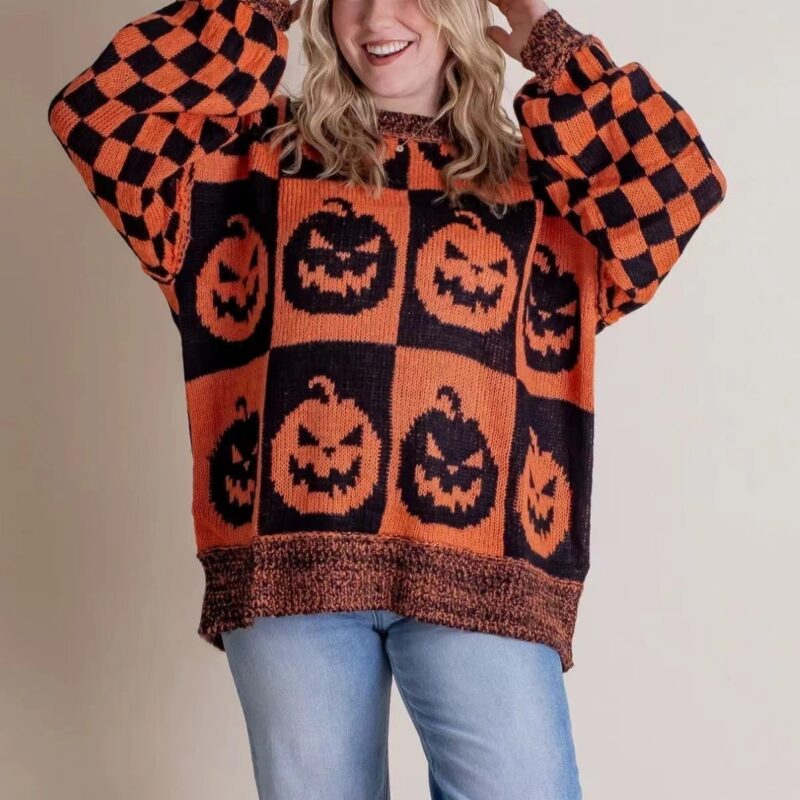 Oversized Halloween Pumpkin Knit Sweater - Image 3