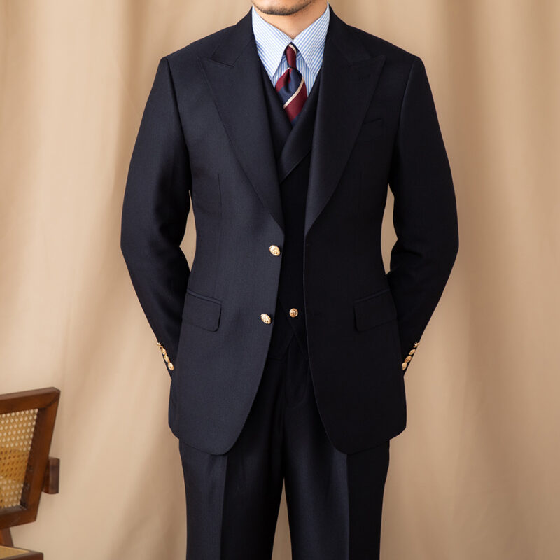 Men's Casual Gentleman Lapel Navy Blue Slim Three-piece Suit - Image 2