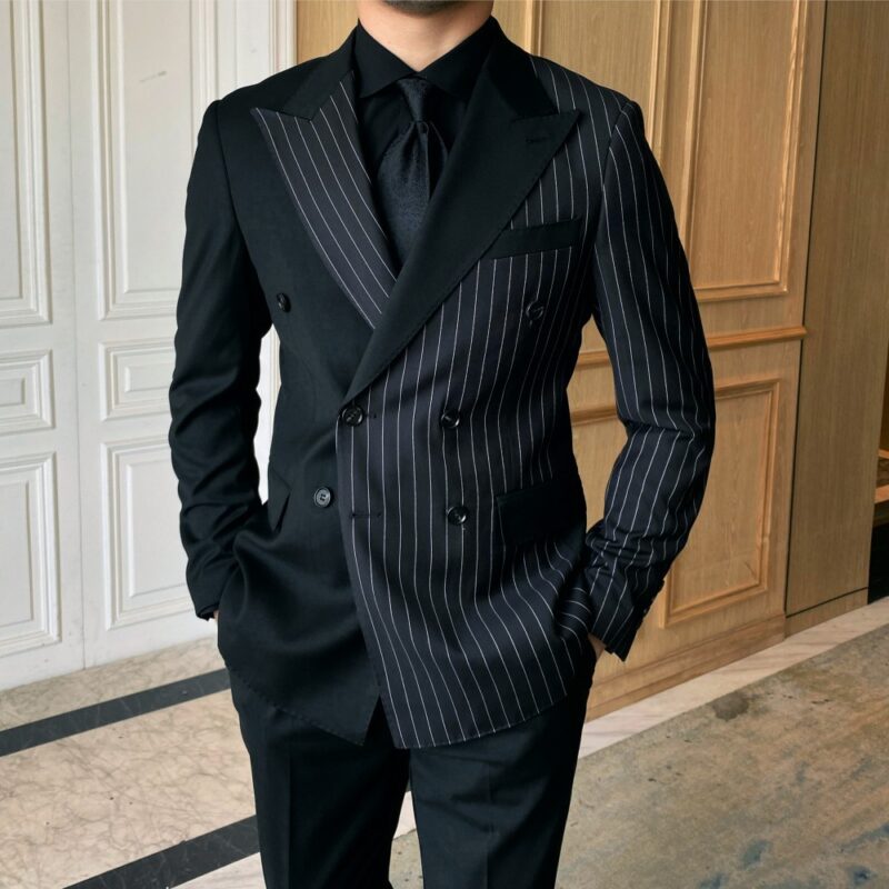 Striped Double Breasted Blazer Men Fashion Tailored Suit - Image 9