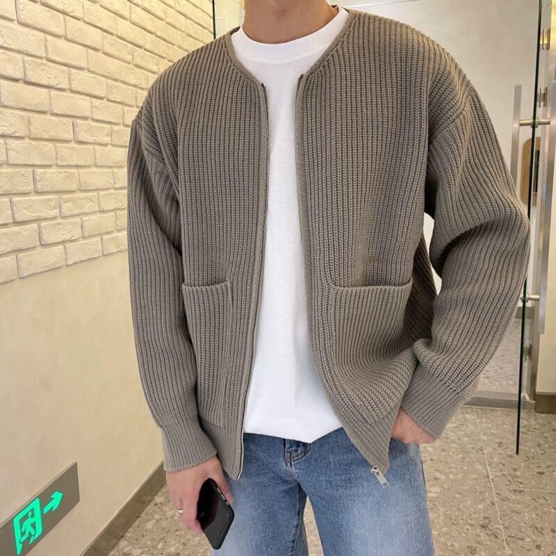 Men Zip Up Knitted Cardigan Lined Funnel Neck Jumper Sweater Pockets Coat All Seasons Comfortable Soft Long Sleeve - Image 4