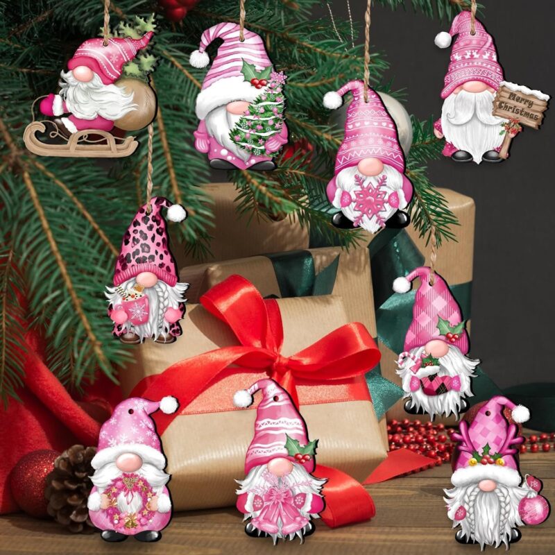 Pink Christmas Gnome Ornament Set